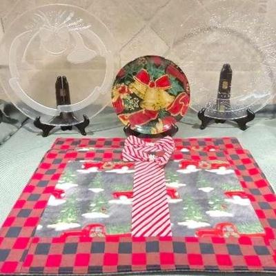 Clear Holiday Christmas Plates with Bells and Snowmen & Pair of Holiday Place Mats 