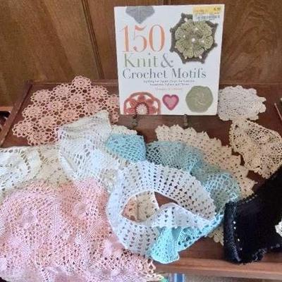 Knit & Crochet Pieces/Doilies With Book & Twelve Knitting Needles