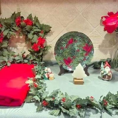 Holiday Decor: Cardinal Glass Plate, Red Rectangular Table Cloth, Reef With Red Flowers and More 