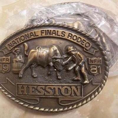 Pair of 1981 Hesston Rodeo Finals Brass Belt Buckles 
