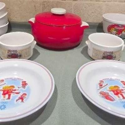 Hall's Superior Quality Red Casserole Kitchenware & Assortment of Campbell's Soup Bowls 