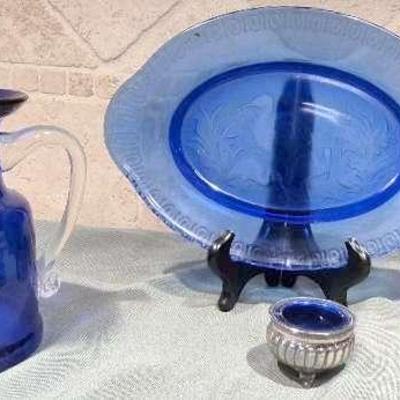 Cobalt Glass Platter Pitcher & Grapes Etched Vase