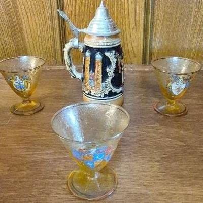 German Stein With A Set of 5 Amber Colored Cordial Glasses
