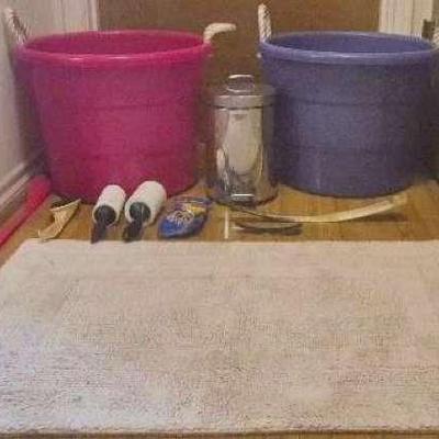 Area Rugs, Pair of Circular Plastic Tubs, Silver Trash Can, and More 