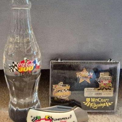 Crystal Coca Cola Texas Motor Speedway Bottle, Racing Pens, Chevrolet Racing Knife