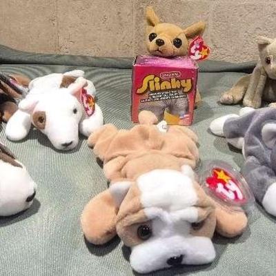 Assortment of Cat and Dog Beanie Babies with Vintage Slinky
