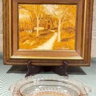 Anchor Hocking Mayfair Open Rose Pink Glass Oval Serving Bowl & 1982 CV Renner Oil Painting 