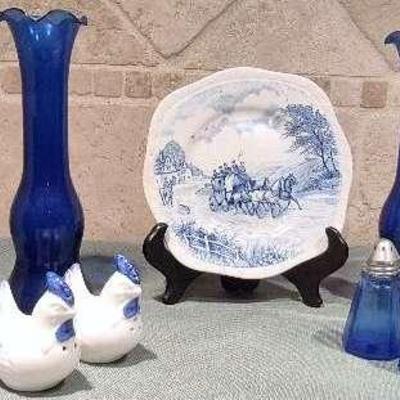 Alfred Meakin "Devonshire Road" Decorative Plate, Cobalt Blue Vases, and Salt & Pepper Shakers