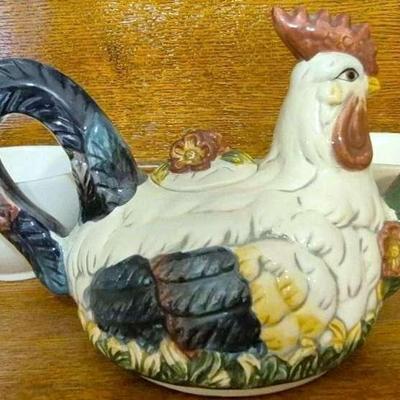 CBK Ltd. Ceramic Rooster Teapot And 2 White Tea Cups 