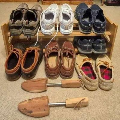 Men's Size 10 -11 Rockport, Cabela's, Fila, and Sketchers Shoes with Wooden Shoe Rack & More 