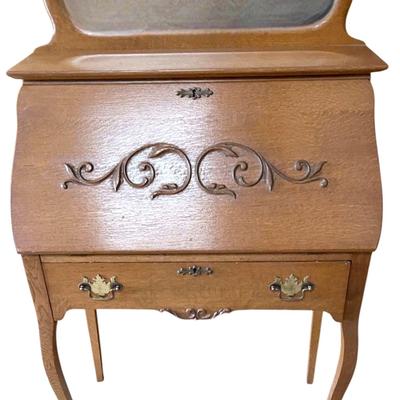 Antique Larkin Secretary Desk With Mirror And Tiger Oak Locking Door 