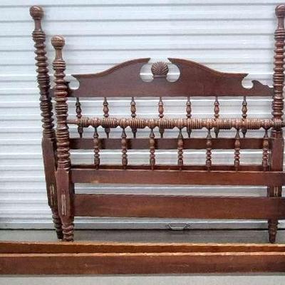 Vintage Full Sized Cherry Wood Bed Frame With Wheels