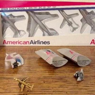 American Airlines Model Planes, Stuffed Bear, Deck of Cards, And Metal Pins