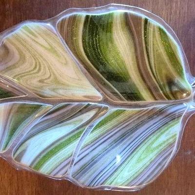Green, Pink, And White Swirl Glass Leaf Bowl