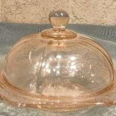 Jeanette Pink Depression Glass Cherry Blossom Pattern Platter & Sugar Bowl and Madrid Candy Dish 