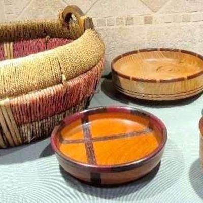 Colorful Handmade Basket and Assortment of Handmade Wooden Bowls
