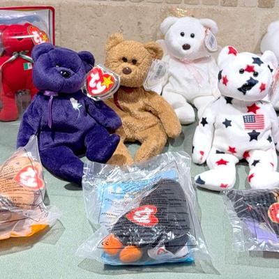 Assortment of Teddy Bear Beanie Babies and More 