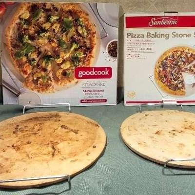 Good Cook Pizza Baking Stone 14.75in, Sunbeam Pizza Baking Stone 13in, and Metal Baking Pan