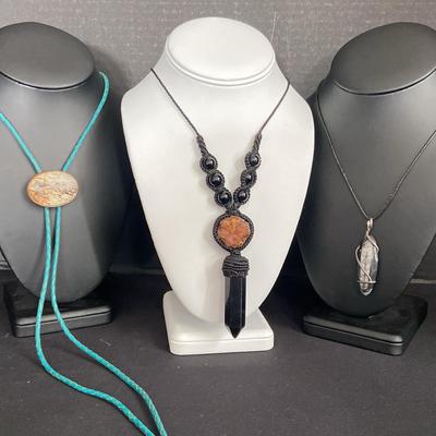 Copper And Stone Bolo Tie With Macrame Necklace And Pendant With 925 Clasp