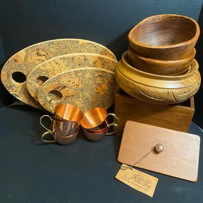 Copper Cups, Cork Trivets, Wooden Recipe Box & Bowls