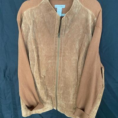 Jessica London Camel Colored Jacket With A 100% Leather Front And Cotton Back & Arms, Size 30