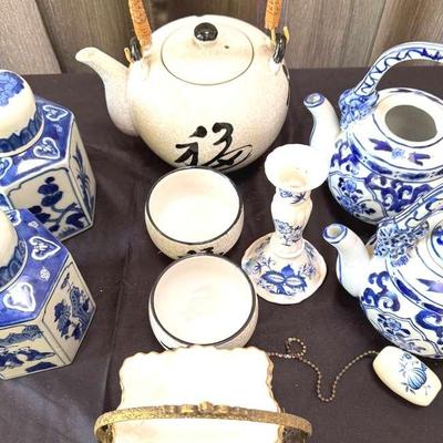 Lot 111:  Vintage Porcelain Square Dishes with Ornate Brass Holder – Set of 4