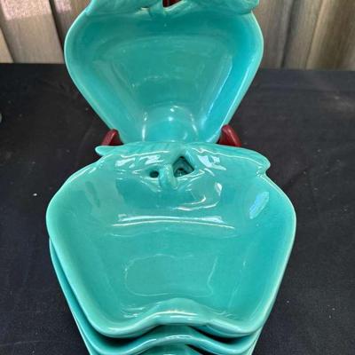 Lot 117:  Set of Vintage Aqua Turquoise Apple-Shaped Ceramic Bowls with Leaf Handles