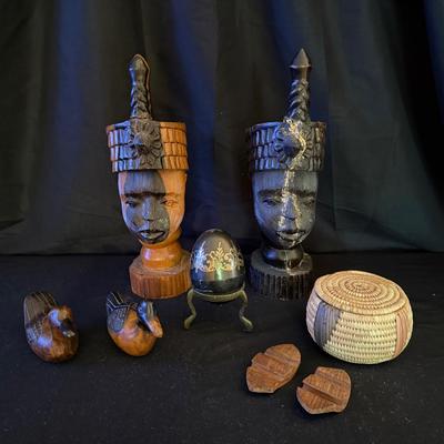 Lot 404: Lot of Handcrafted Decorative Art – Carved Wood Busts, Ducks, Basket & More