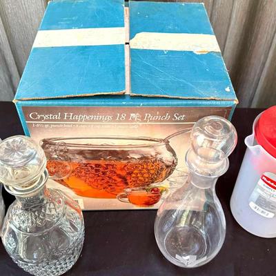 Lot 104:  Crystal Punch Bowl W/8 Cups, Decanters,  New Coffee Server, Rubbermaid Pitcher