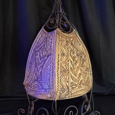 Lot 430: Handcrafted Moroccan Style Hanging Leather & Wrought Iron Lamp