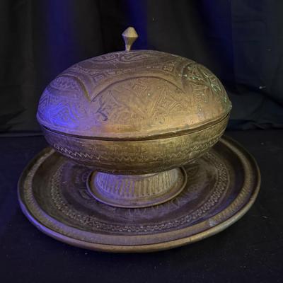 Lot 426: Vintage Hand-Etched Brass Covered Serving Dish with Tray