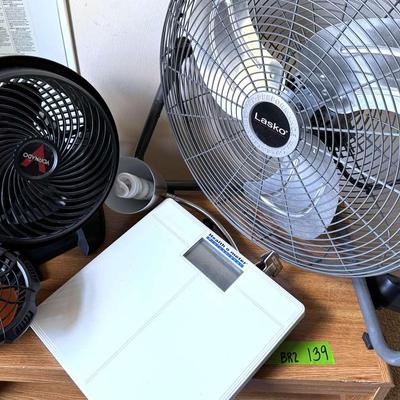 Lot 139:  Three Fans Clip On Desk Light, Health O Meter Scale