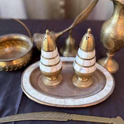 Lot 101: Seven Brass Pieces-Vintage Brass & Mother-of-Pearl Inlay Salt and Pepper Shakers with Match