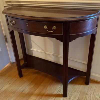 Lot 420: Mahogany Demilune Console Table with Drawer & Lower Shelf