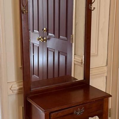Lot 407: Vintage Wooden Hall Tree with Mirror and Drawer