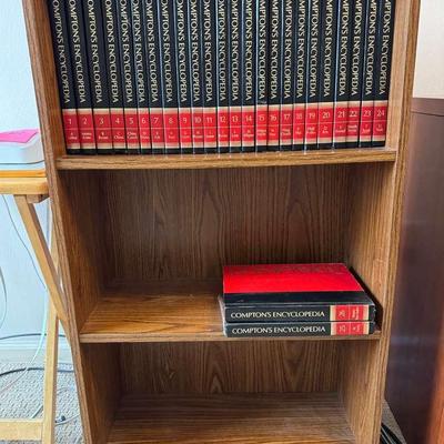 Lot 122: Bookcase And Compton’s Encyclopedia 