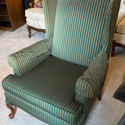 Lot 439: Vintage Wingback Armchair with Striped Upholstery