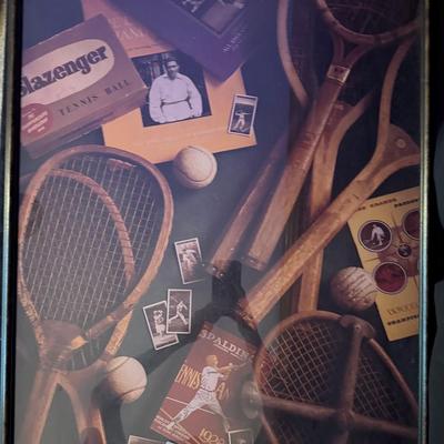 Lot 431: Framed Vintage Tennis Collage Print – Wooden Rackets & Memorabilia