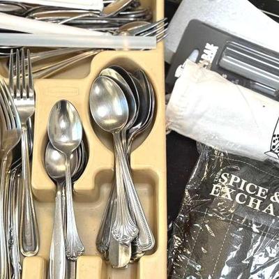Lot 113:  Cambridge Stainless ,Other Odd Pieces, Meat Cleaver ,Straws, BBQ Utensils