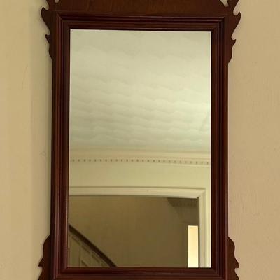 Lot 448: Colonial Style Wall Mirror – Mahogany Finish with Decorative Frame
