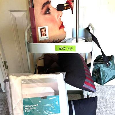 Lot 141: Three Shelf Cart, Makeup Mirror, Towel Holder, Linens