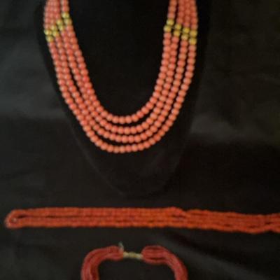 Lot 543: Coral Colored Necklace And Earrings