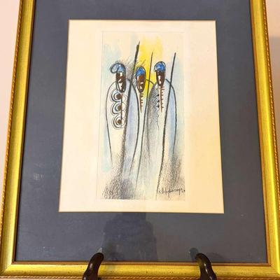 Lot 130:  Framed Abstract African Tribal Warrior Watercolor Painting – Signed by Artist
