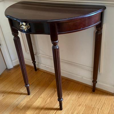Lot 408: Vintage Mahogany Demilune Hall Table with Drawer