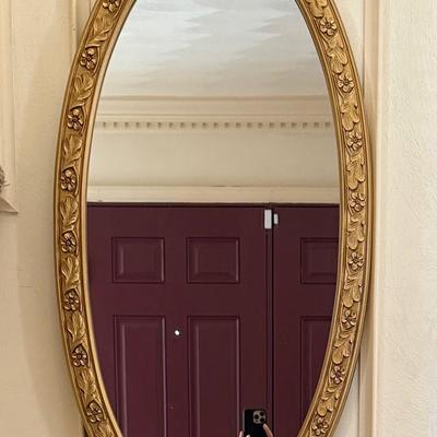 Lot 409: Vintage Oval Wall Mirror with Ornate Gold Frame