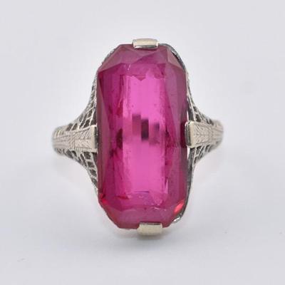 Art Deco 14k White Gold  6 Carat+ Pink Sapphire Filigree Ring