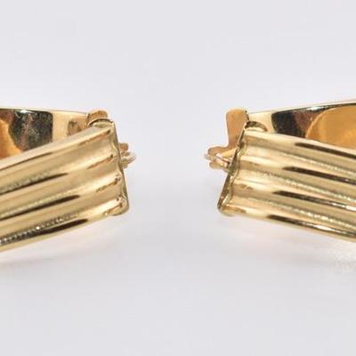 18k Yellow Gold Ribbed Elongated Hoop Earrings