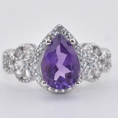 Sterling Silver 1.5 Carat Natural Unheated Pear Amethyst Ring