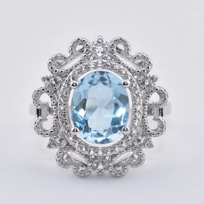 Sterling Silver Ornate Natural 2 Carat Oval Blue Topaz Ring 