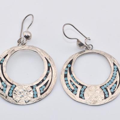 Sterling Silver Etched Enamel Dangle Earrings